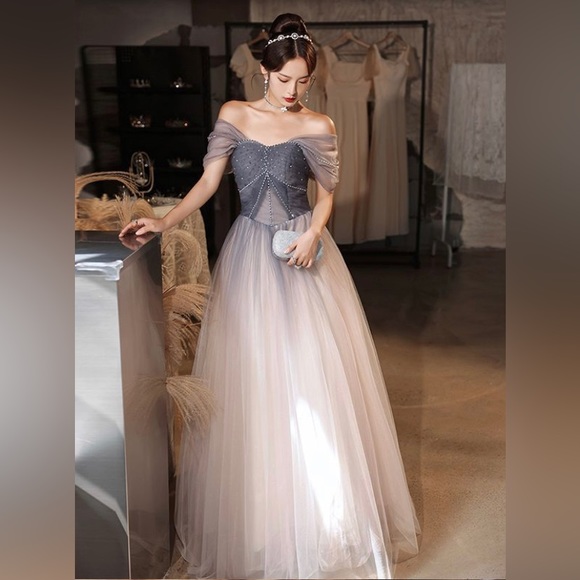 Elegant Neutral Pearl Prom Dress | Timeless Off Shoulder Evening Gown- worn once - Picture 2 of 5